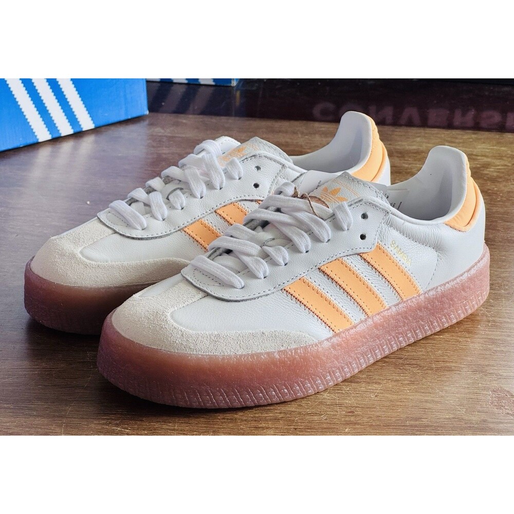 Youth Size 5 adidas Sambae Womenโs Size 6 White Acid Orange Gold JP9533 NIB